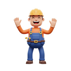 Cheerful cartoon construction worker with arms raised in a welcoming gesture, radiating happiness and positivity in a vibrant illustration.