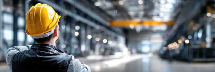 A man in a yellow hard hat is standing in a large industrial building