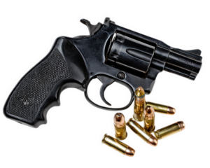 Black revolver with exposed bullet cylinder and five gold bullets on transparency background, showcasing classic firearm design and metallic texture, evoking sense of danger and tension