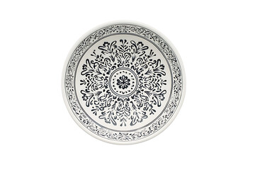 Elegant Round Ceramic Plate with Intricate Black and White Floral Patterns and Decorative Edge Design