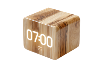 Wooden Alarm Clock with Digital Display Showing Time in Modern Minimalist Style on White Background