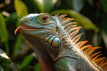 Fototapeta premium Close-up of a vibrant green iguana with detailed textured scales and spines, flicking its tongue out against a blurred natural leafy background
