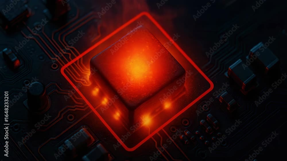 Poster glowing red microchip on circuit board with electronic components representing inspection and monito