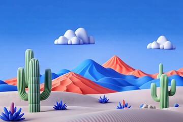 Fototapeta premium Vibrant stylized desert landscape with cacti and colorful mountains under a blue sky