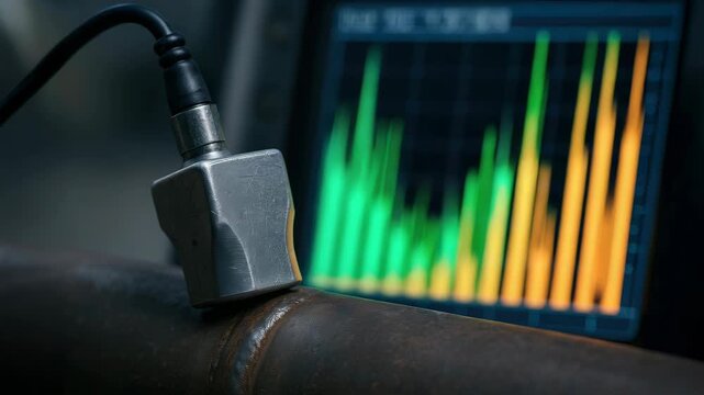 Ultrasonic sensor inspection and monitoring industry ensures weld quality and safety metal pipe with real time data analysis displayed digital screen