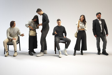 Six diverse people posing against a plain white background. 3D rendering image.