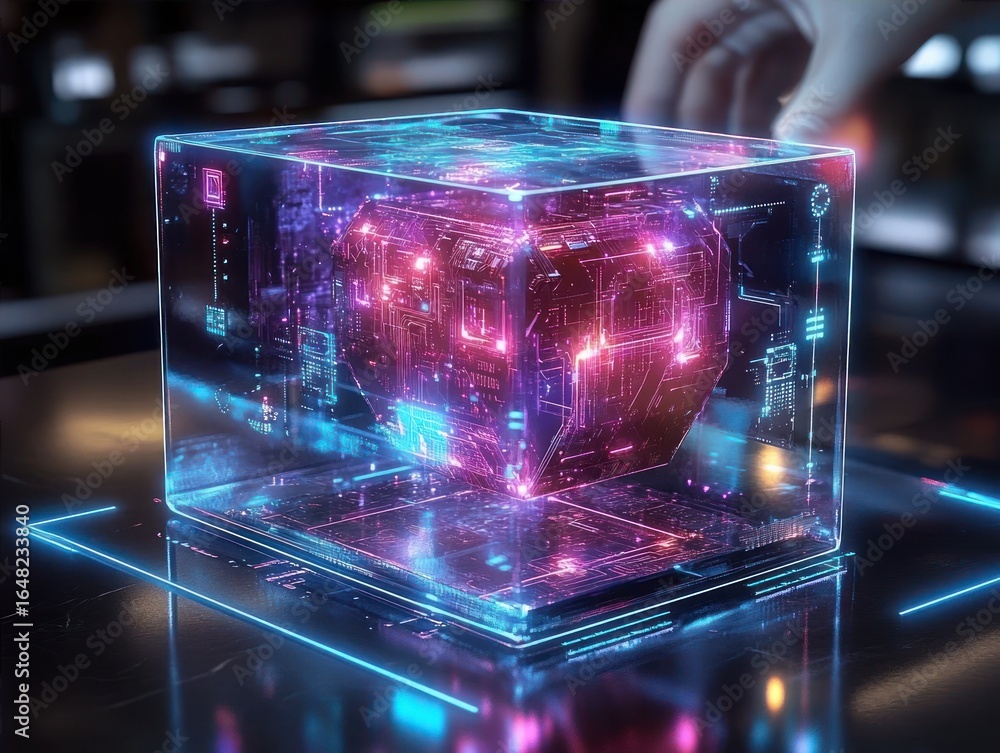 Poster glowing futuristic holographic cube with intricate circuit patterns inside a transparent box, emitti
