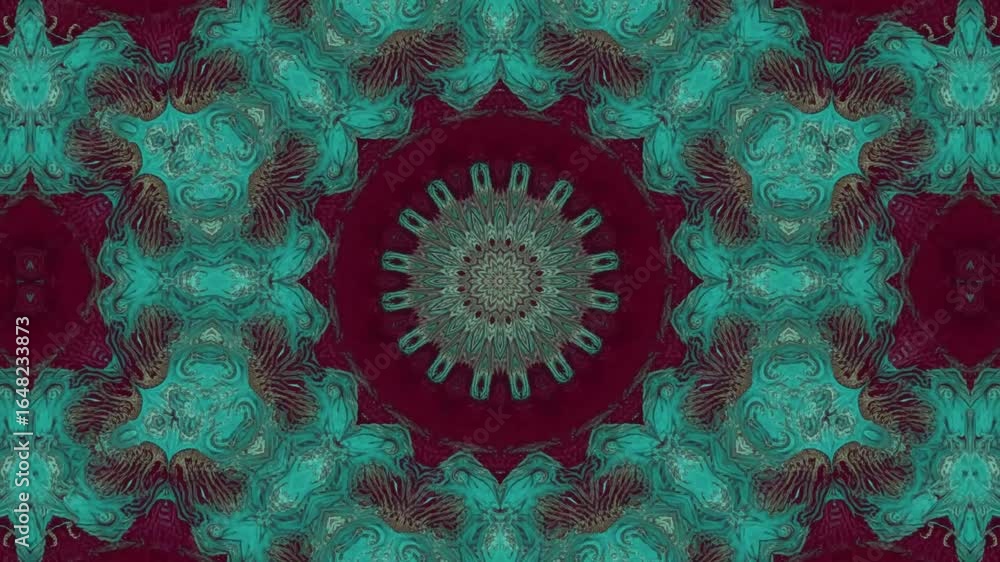 Poster mesmerizing deep red and teal abstract kaleidoscope pattern with intricate swirling organic shapes