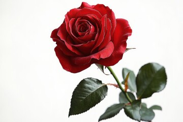 Single vibrant red rose with rich green leaves against a clean white background, symbolizing beauty and elegance