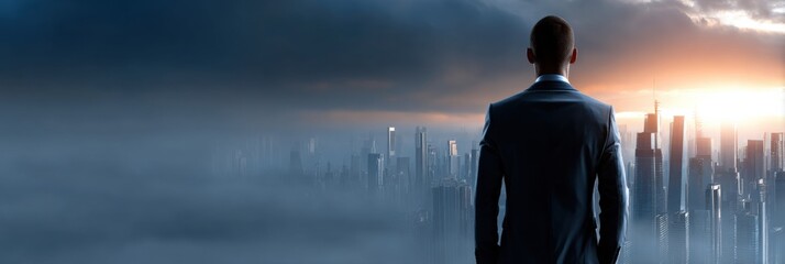 Plakat A man in a suit is looking out over a city skyline