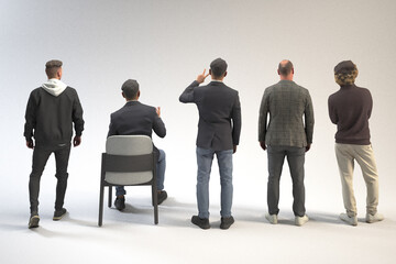 Five figures standing or sitting facing away from viewer. 3D rendering image.