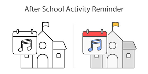 After-School Activity Reminder icon — school building with a calendar and music note to help students remember extracurricular schedules.