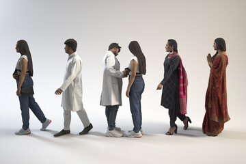 Diverse group of people stand in a row wearing traditional clothes. 3D rendering image.