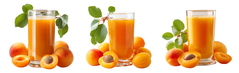 Three glasses of apricot juice with fresh apricots and leaves on a white background in a studio shot