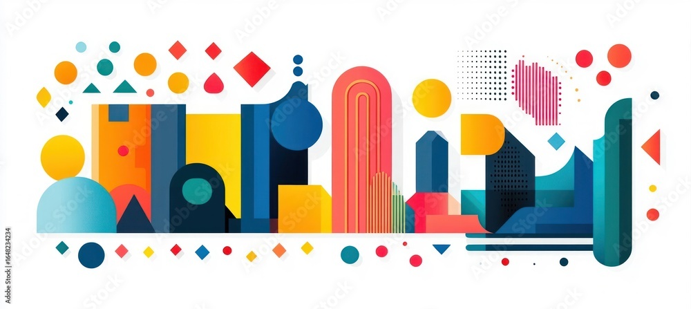 Poster abstract geometric cityscape with colorful shapes including circles, rectangles, triangles, and arch