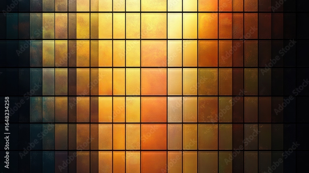 Poster close-up view of a tiled wall with gradient colors ranging from dark blue to bright yellow and orang