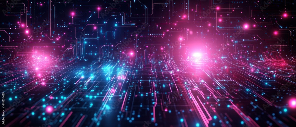 Poster abstract digital circuit board with glowing blue and pink lights creating a futuristic and dynamic t