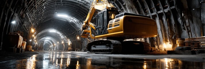 A yellow and black construction machine is in a tunnel