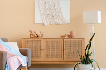 Interior of living room with transgender flag on armchair and drawers