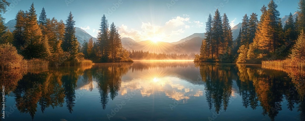 Poster sunrise over a calm lake surrounded by evergreen and autumn trees with mountains in the background a