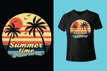 Colorful summer t-shirts on display at a vibrant store during sunny days.	