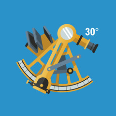 vector of a yellow nautical sextant, a vintage navigation instrument for measuring angles, with a 30-degree mark, on a blue background.