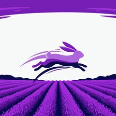 vector of a stylized purple rabbit running swiftly across a vibrant lavender field, embodying speed, nature, and peaceful landscapes.