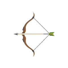 vector of a classic brown bow with a green-feathered arrow, representing archery, hunting, sport, and historical weaponry.