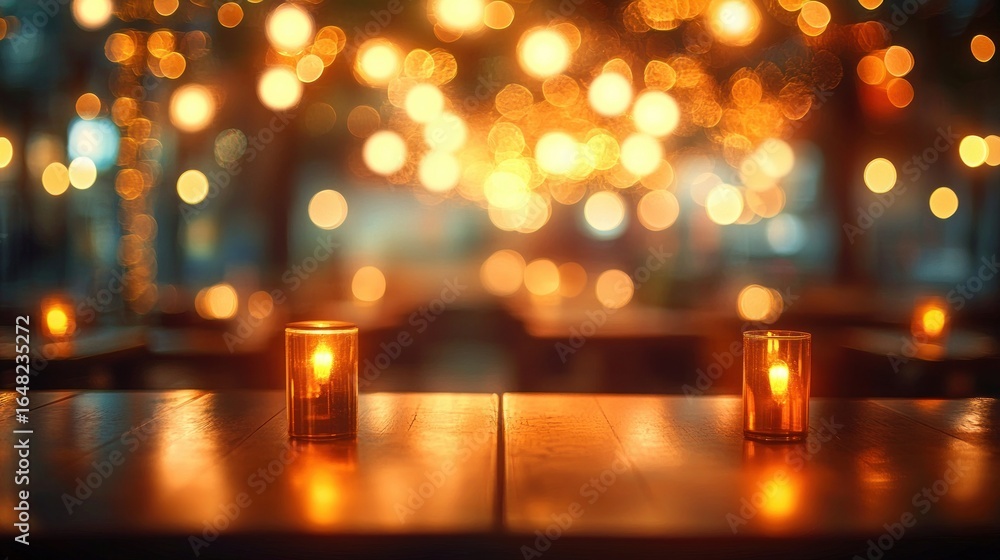 Poster two glowing candles on a wooden table with warm, soft bokeh lights in the background creating a cozy