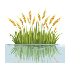 Green Reeds and Cattails Growing in Calm Water, Minimalist Vector Illustration