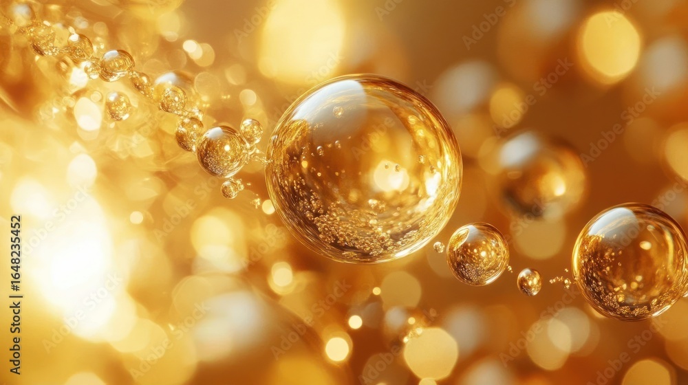 Poster golden glowing bubbles of various sizes floating in a warm, blurred background creating a sparkling,