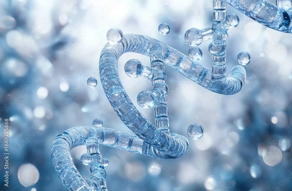Poster close-up of a transparent, ice-like double helix structure with suspended spherical droplets against