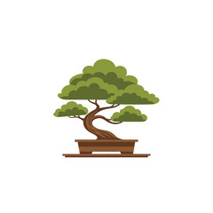 vector of a traditional bonsai tree with green foliage and gnarled trunk in a brown pot, symbolizing harmony and nature.