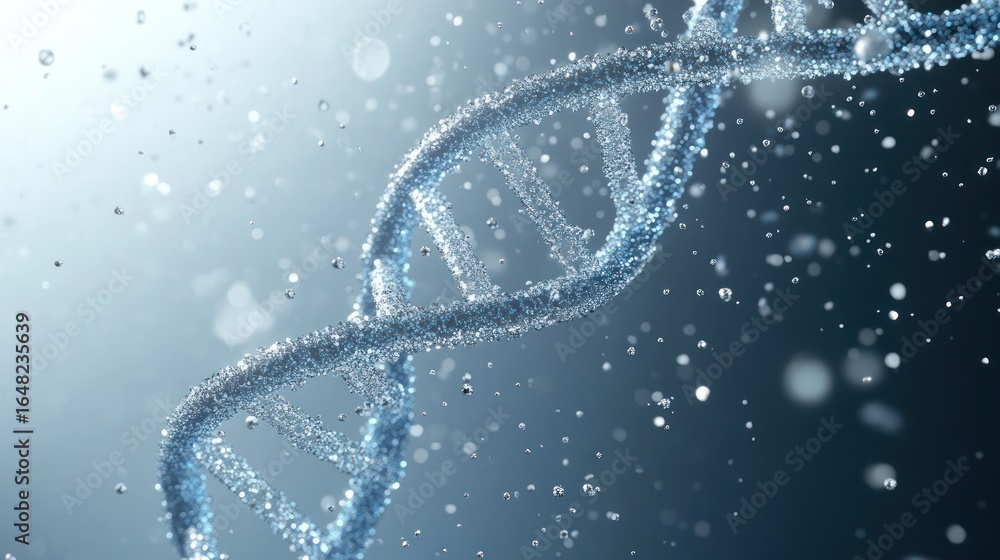 Poster close-up view of a sparkling and detailed dna double helix structure surrounded by floating particle