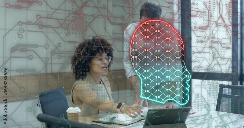 Poster male colleague pointing notes triggers woman tapping tablet annotating with overlay for tech review