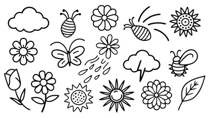 Hand drawn nature doodles collection. Simple black outline drawings.