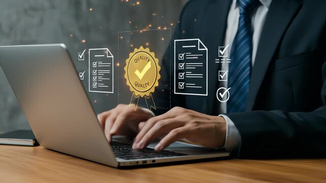 Achieving Quality Excellence: Businessman Using Laptop for Quality Control, Compliance, and Standards Verification, Ensuring Product and Service Assurance