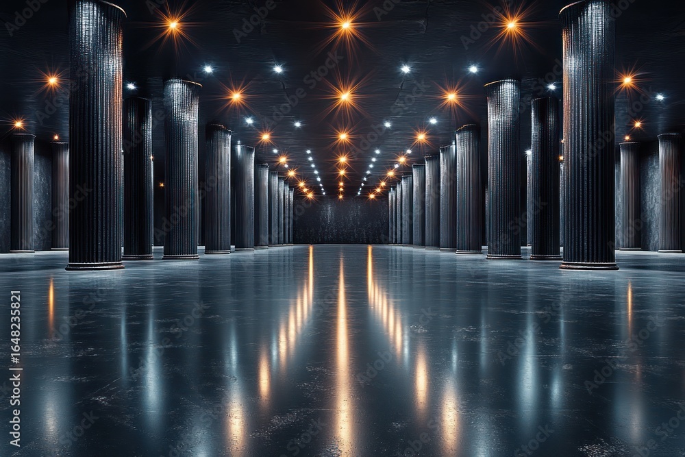 Poster symmetrical interior of a large empty hall with polished reflective floor, illuminated by rows of ce
