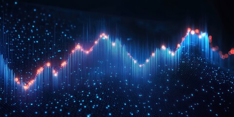 Glowing digital data points forming a rising and falling wave graph on a dark background representing data visualization and analysis