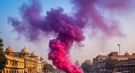 Massive magenta and purple colored smoke column rising dramatically above traditional historical city street