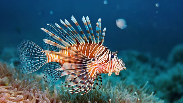 Vibrant lionfish glides gracefully through coral reef, showcasing stunning aquatic life and underwater beauty.