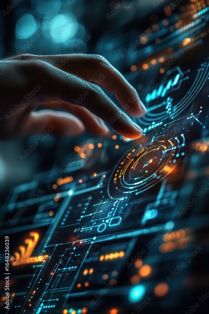 Poster close-up of a human hand interacting with a futuristic digital touchscreen interface displaying glow