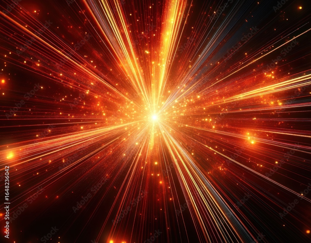 Poster radiant explosion of golden orange light beams and sparkling particles emanating from a bright centr