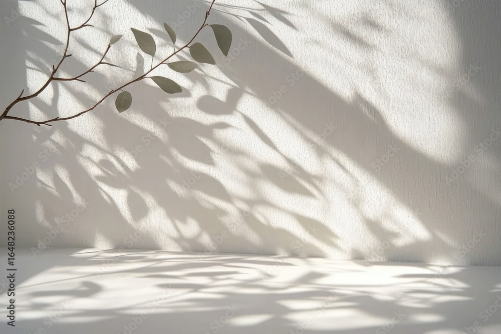 Poster delicate branch with leaves casting soft shadows on a textured white wall and surface in natural lig