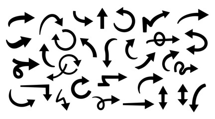 A collection of various black arrow silhouettes vector.