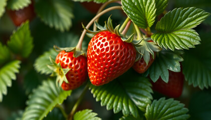 fresh red strawberries with green leaves, digital art. White tone