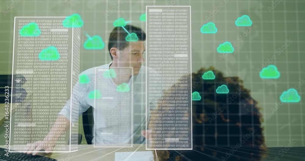 Poster business colleagues passing report and viewing charts with migrating data columns and cloud icons
