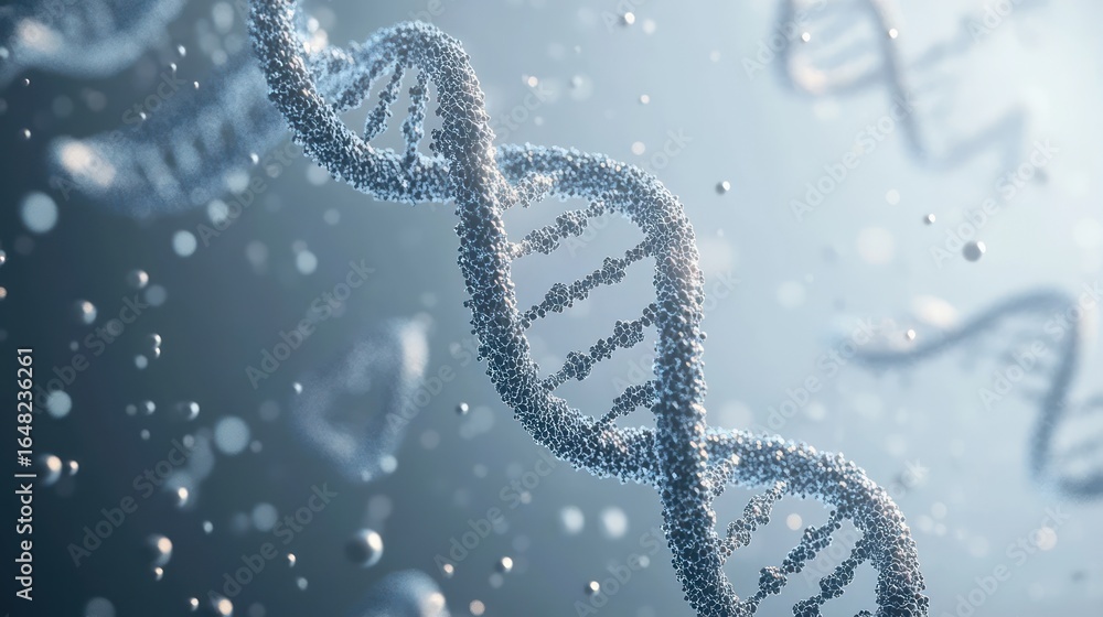 Poster close-up view of a detailed 3d dna double helix structure floating in a bluish environment with smal