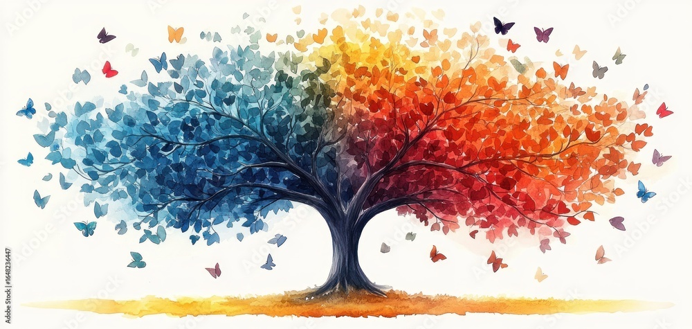 Poster a large tree with two contrasting halves of blue and red leaves surrounded by colorful butterflies i