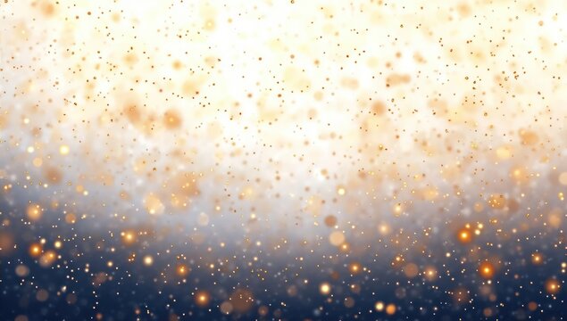 Abstract glowing golden particles floating over a gradient background transitioning from dark blue to white, creating a festive and magical atmosphere